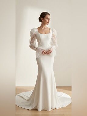 Elegant Light Ivory Crepe and Lace Back Bodice and Tulle Sleeve Dress